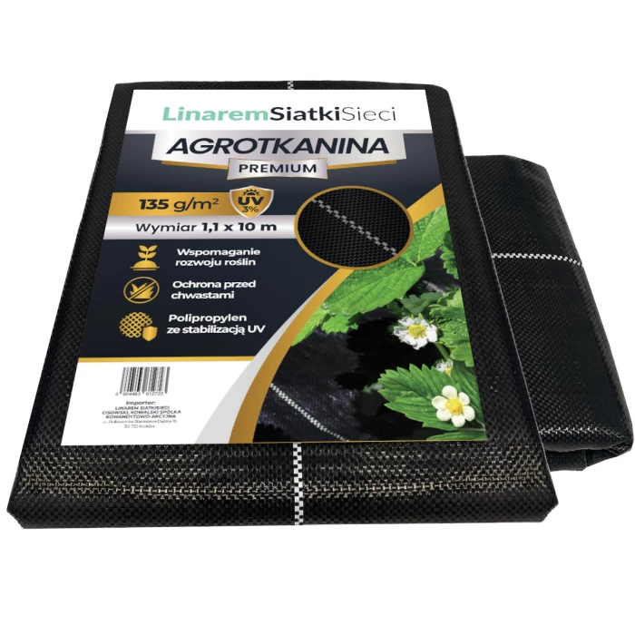 Agrotkanina 135g 1,1x10m Premium. Czarna agrowłóknina ogrodowa z filtrem UV 3%. Linarem SiatkiSieci