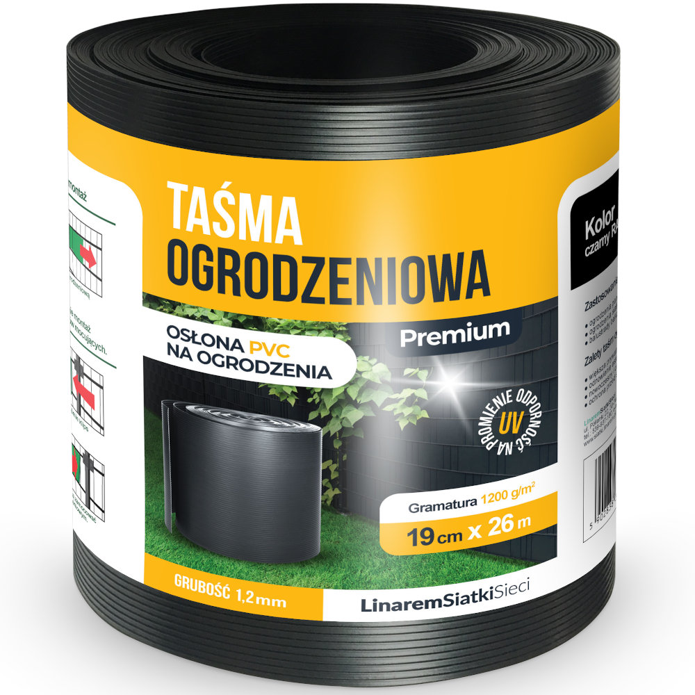 Czarna Taśma Ogrodzeniowa 1200 g/m2 1,2mm Premium Linarem 19cm dł. 26 mb 
