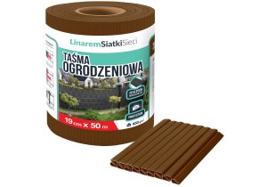 Taśma ogrodzeniowa 19cm x 50mb brązowa +klipsy. Osłona na ogrodzenia RAL 8011. Linarem.
