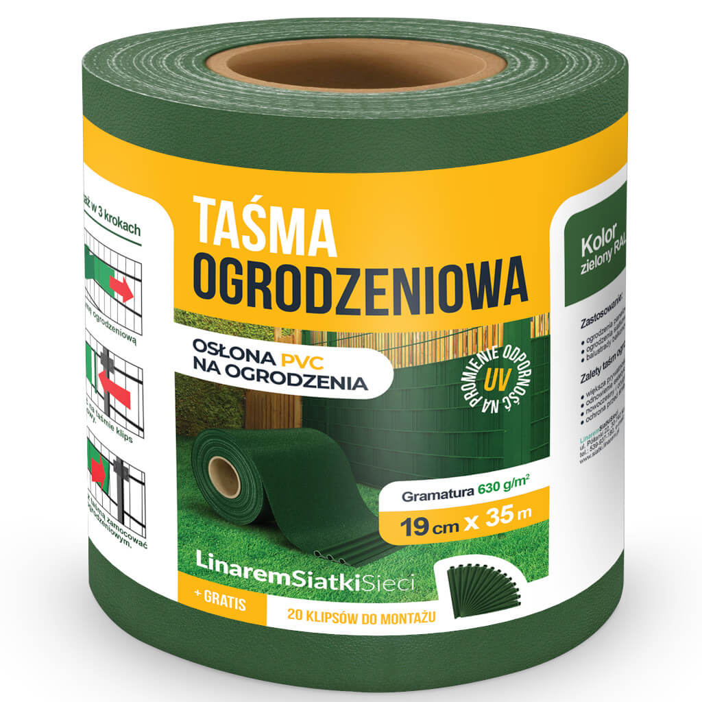 Taśma Ogrodzeniowa Linarem 630 g/m2. Kolor zielony. Wymiar 19cm x 35mb