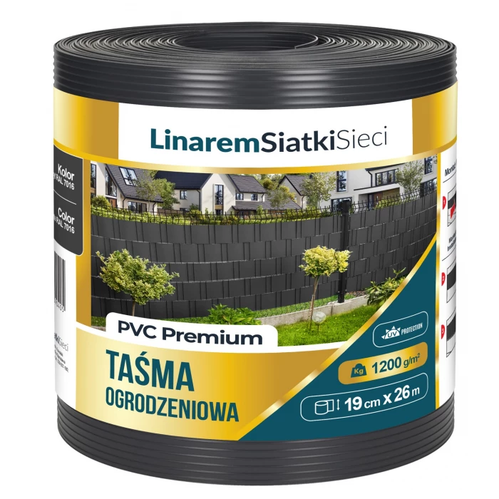 Taśma ogrodzeniowa Premium 1200g na ogrodzenia płot 19cmx26m. Kolor antracyt grafit. Grubość 1.2mm. 